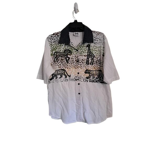 Vintage Tapestry Mens Animal Print Button Up Short Sleeve Shirt